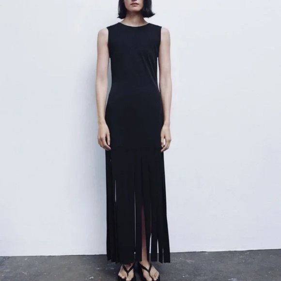 RARE ZARA LONG FRINGED DRESS - Picture 1 of 7